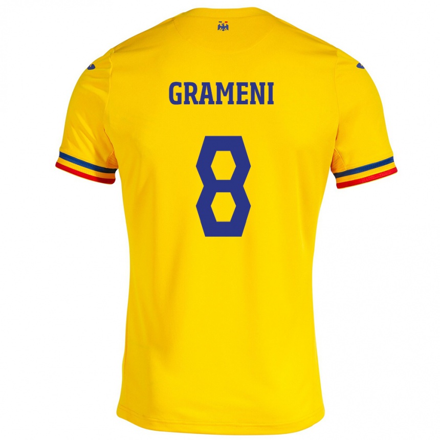 キッズフットボールルーマニアConstantin Grameni#8イエローホームシャツ24-26ジャージーユニフォーム