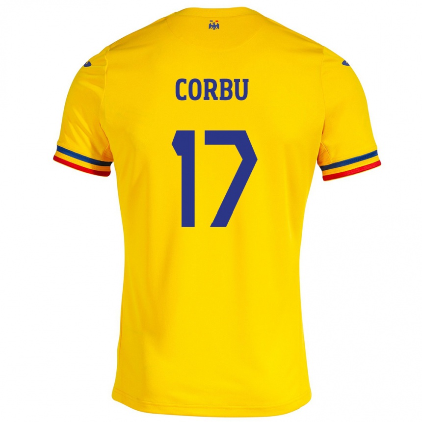 キッズフットボールルーマニアMarius Corbu#17イエローホームシャツ24-26ジャージーユニフォーム