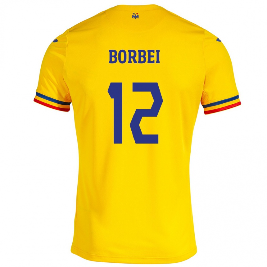 キッズフットボールルーマニアAlexandru Borbei#12イエローホームシャツ24-26ジャージーユニフォーム