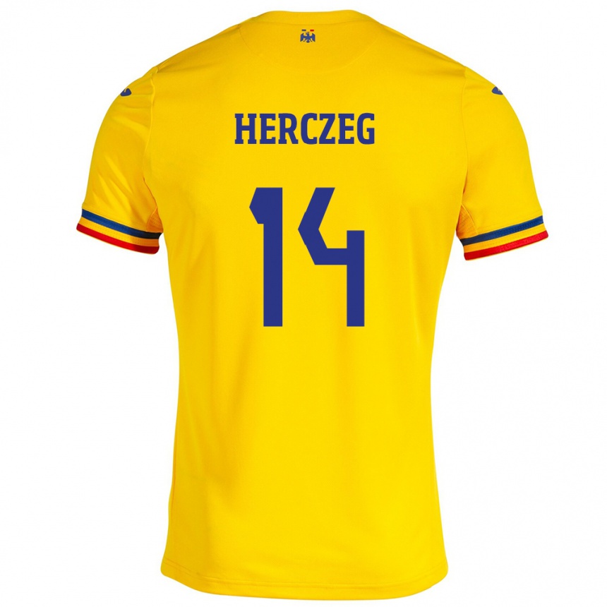 キッズフットボールルーマニアAndrea Herczeg#14イエローホームシャツ24-26ジャージーユニフォーム