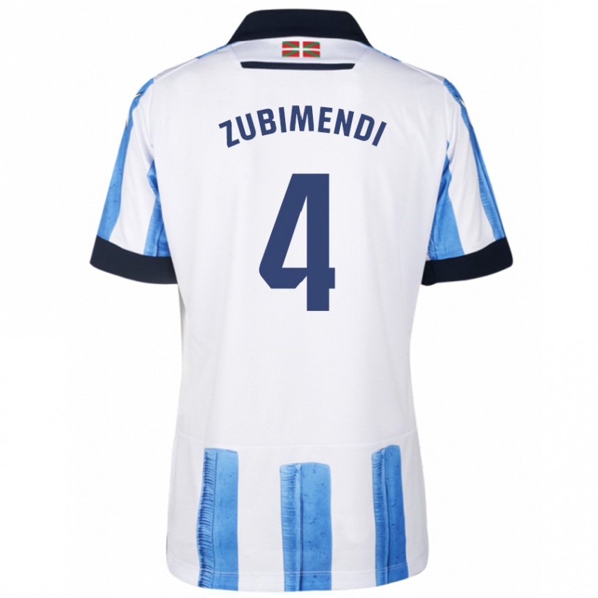 キッズフットボールマルティン・スビメンディ#4ブルーホワイトホームシャツ2023/24ジャージーユニフォーム