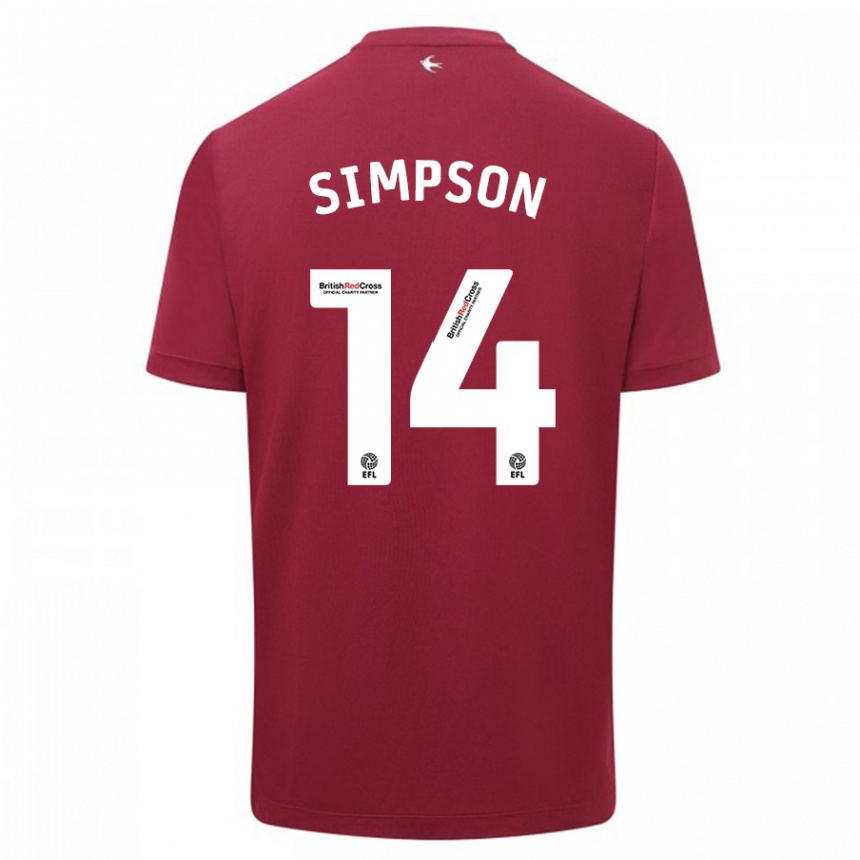 メンズフットボールジャスミン・シンプソン#14赤アウェイシャツ2023/24ジャージーユニフォーム