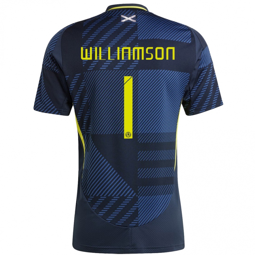 キッズフットボールスコットランドWoody Williamson#1濃紺ホームシャツ24-26ジャージーユニフォーム
