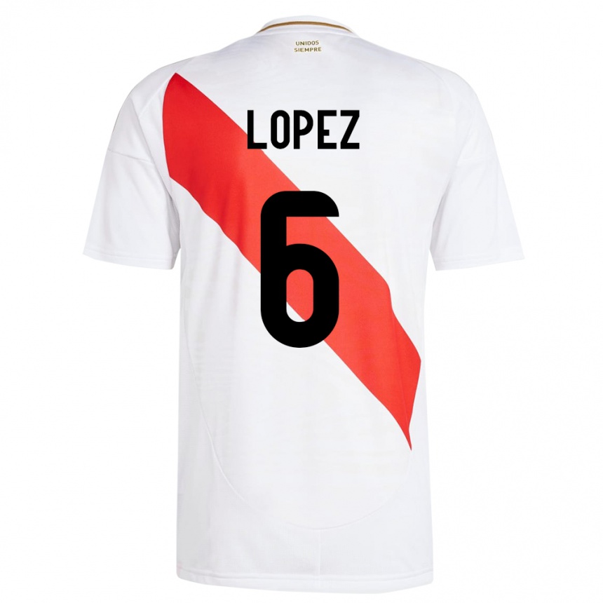 キッズフットボールペルーマルコス・ロペス#6白ホームシャツ24-26ジャージーユニフォーム