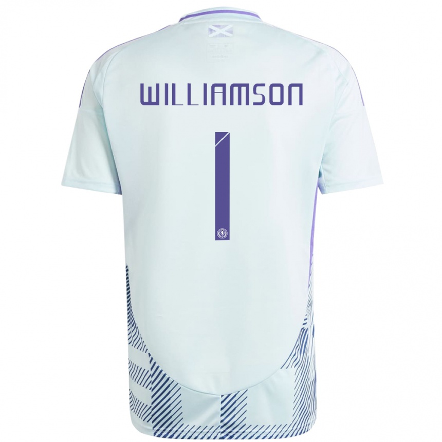 キッズフットボールスコットランドWoody Williamson#1ライトミントブルーアウェイシャツ24-26ジャージーユニフォーム