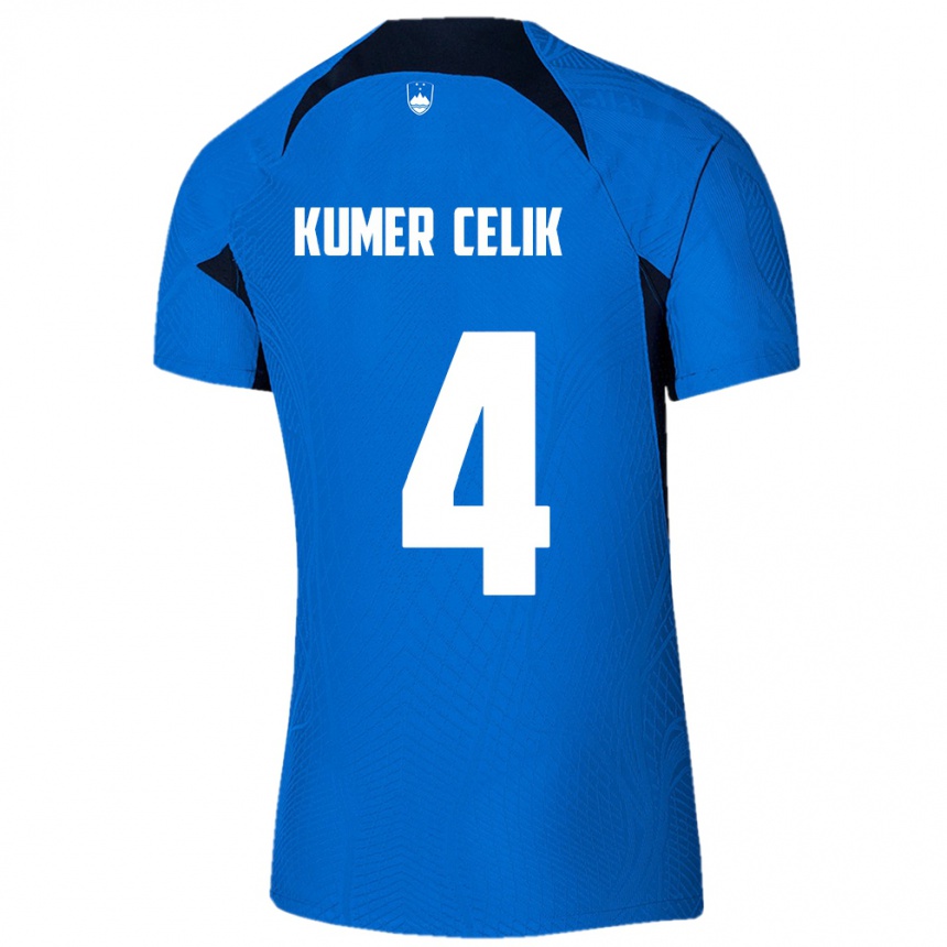 キッズフットボールスロベニアAn Kumer Celik#4青アウェイシャツ24-26ジャージーユニフォーム