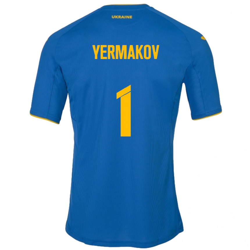 キッズフットボールウクライナGeorgiy Yermakov#1青アウェイシャツ24-26ジャージーユニフォーム