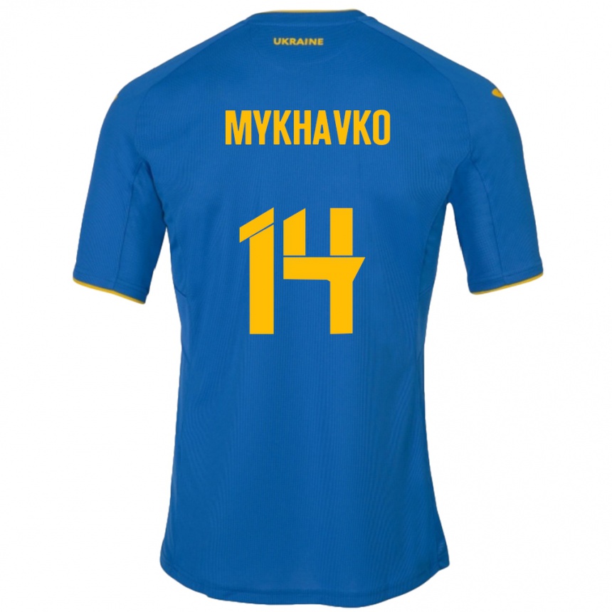 キッズフットボールウクライナTaras Mykhavko#14青アウェイシャツ24-26ジャージーユニフォーム