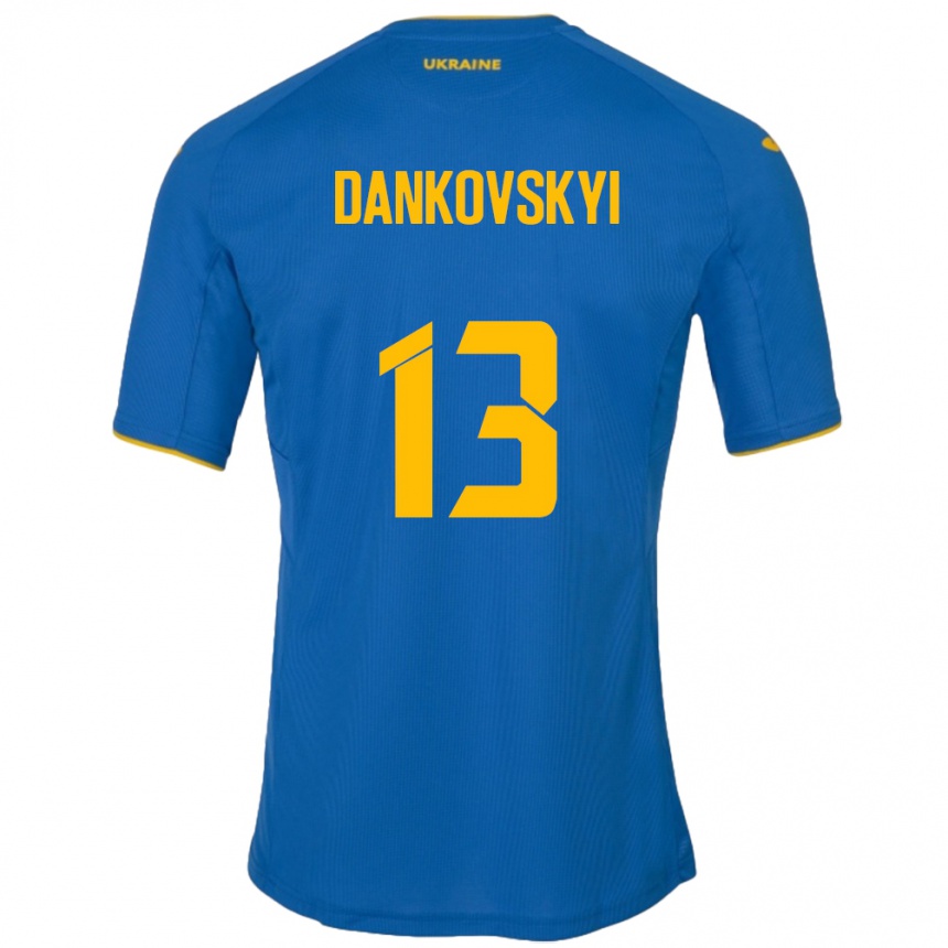 キッズフットボールウクライナYegor Dankovskyi#13青アウェイシャツ24-26ジャージーユニフォーム