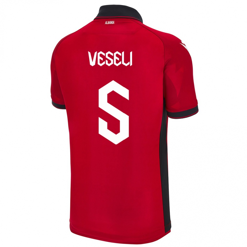 メンズフットボールアルバニアフレデリク・ヴェセリ#5赤ホームシャツ24-26ジャージーユニフォーム