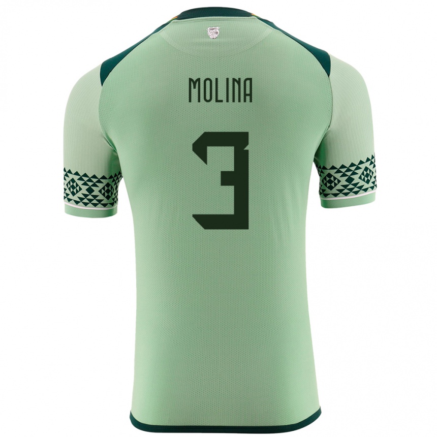 メンズフットボールボリビアイバン・モリーナ#3ライトグリーンホームシャツ24-26ジャージーユニフォーム