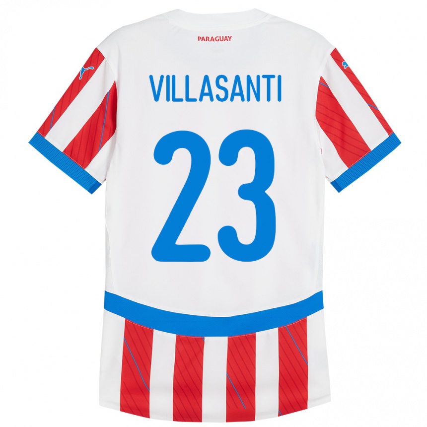 レディースフットボールパラグアイマティアス・ビジャサンティ#23赤、白ホームシャツ24-26ジャージーユニフォーム
