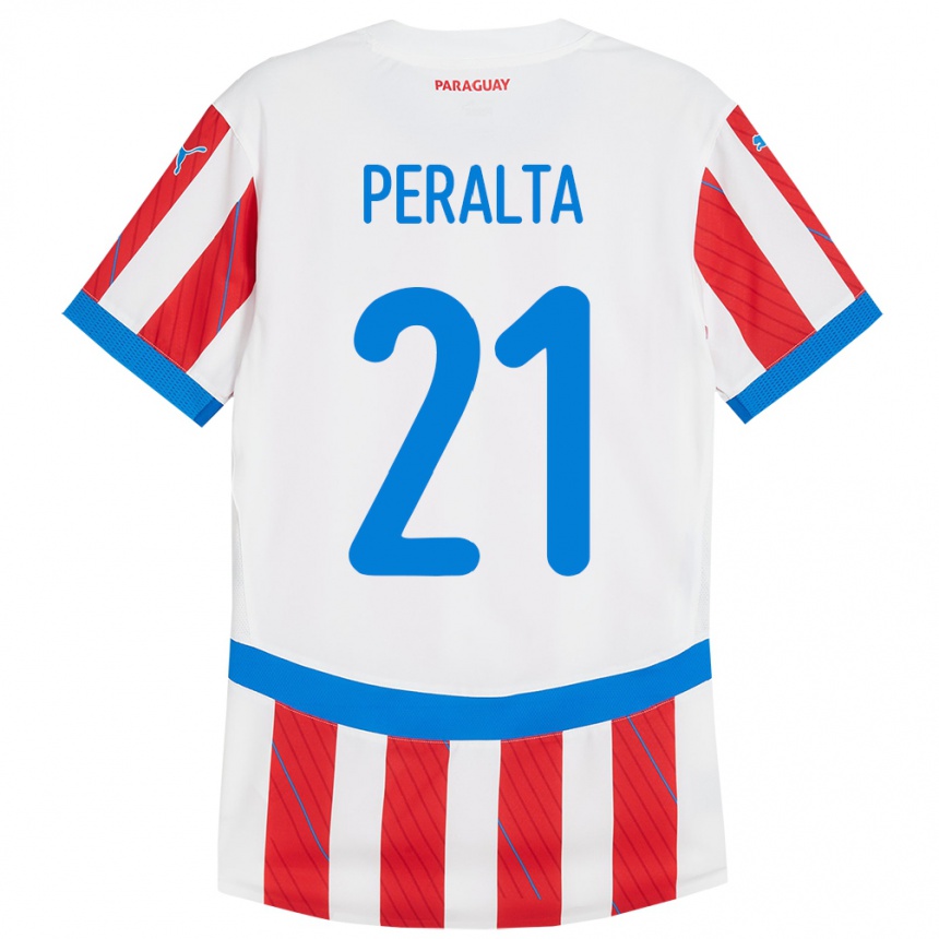 レディースフットボールパラグアイFabrizio Peralta#21赤、白ホームシャツ24-26ジャージーユニフォーム