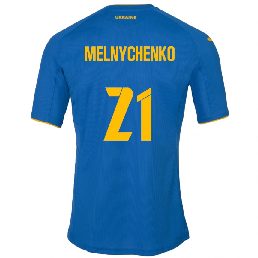 レディースフットボールウクライナマクシム・メルニチェンコ#21青アウェイシャツ24-26ジャージーユニフォーム