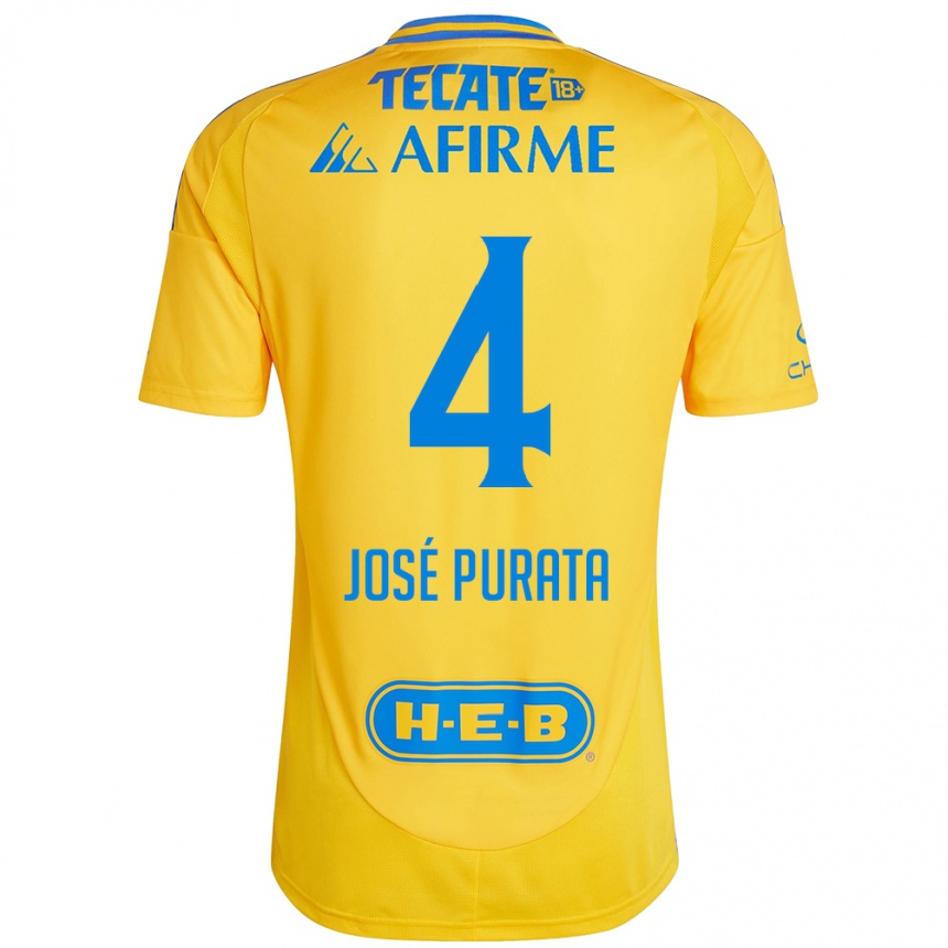 キッズフットボールJuan José Purata#4ゴールドイエローホームシャツ2024/25ジャージーユニフォーム