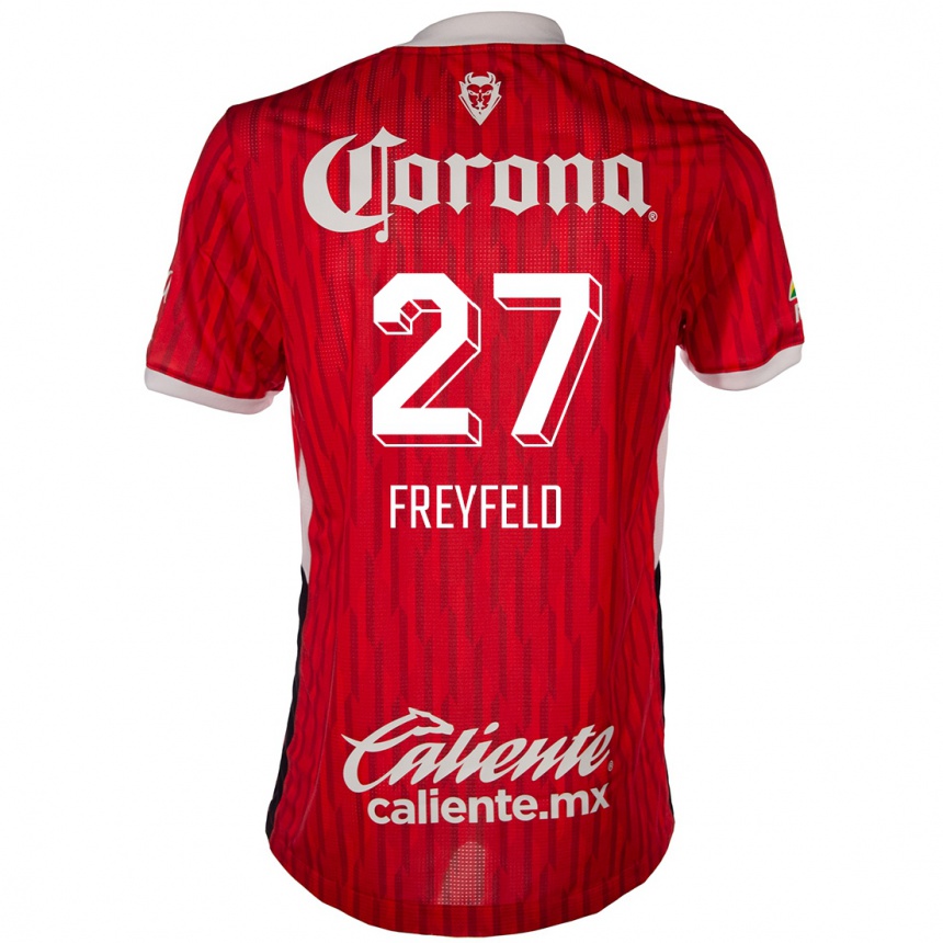 キッズフットボールEmiliano Freyfeld#27赤白ホームシャツ2024/25ジャージーユニフォーム