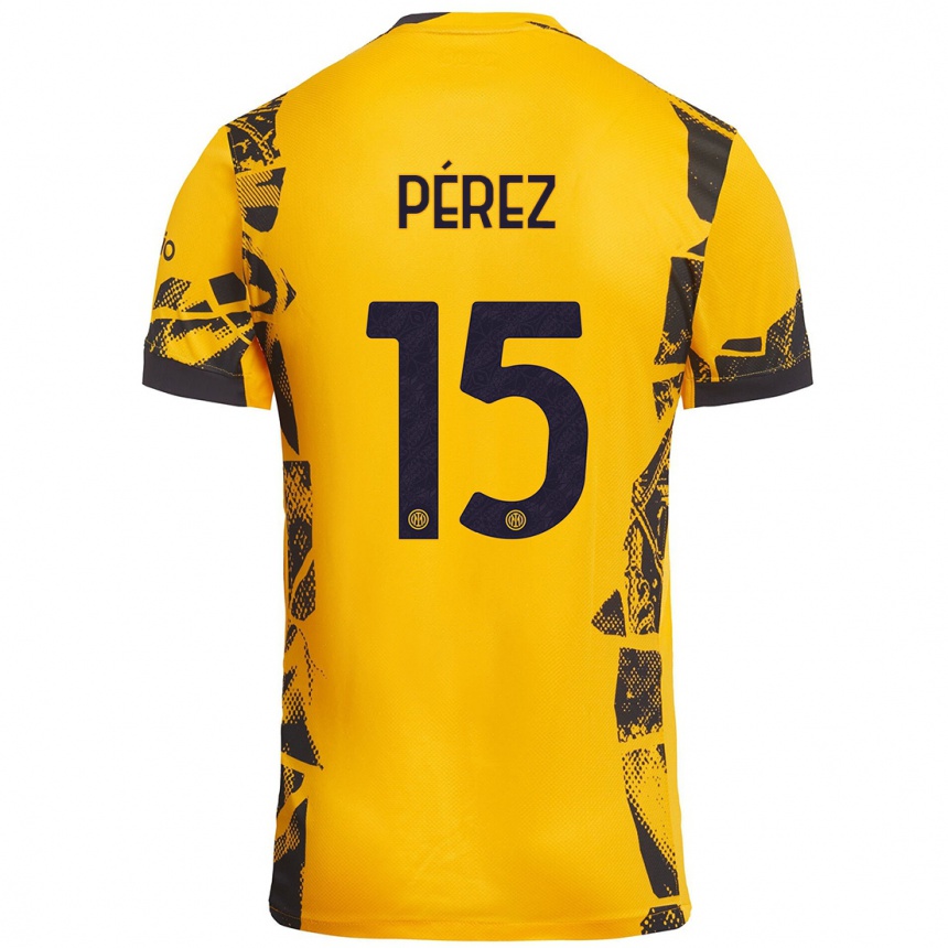 メンズフットボールÁlex Pérez#15ゴールド ブラックサードユニフォームシャツ2024/25ジャージーユニフォーム