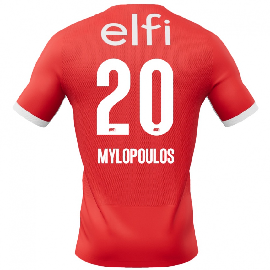 キッズフットボールMarios Mylopoulos#20赤 白ホームシャツ2024/25ジャージーユニフォーム