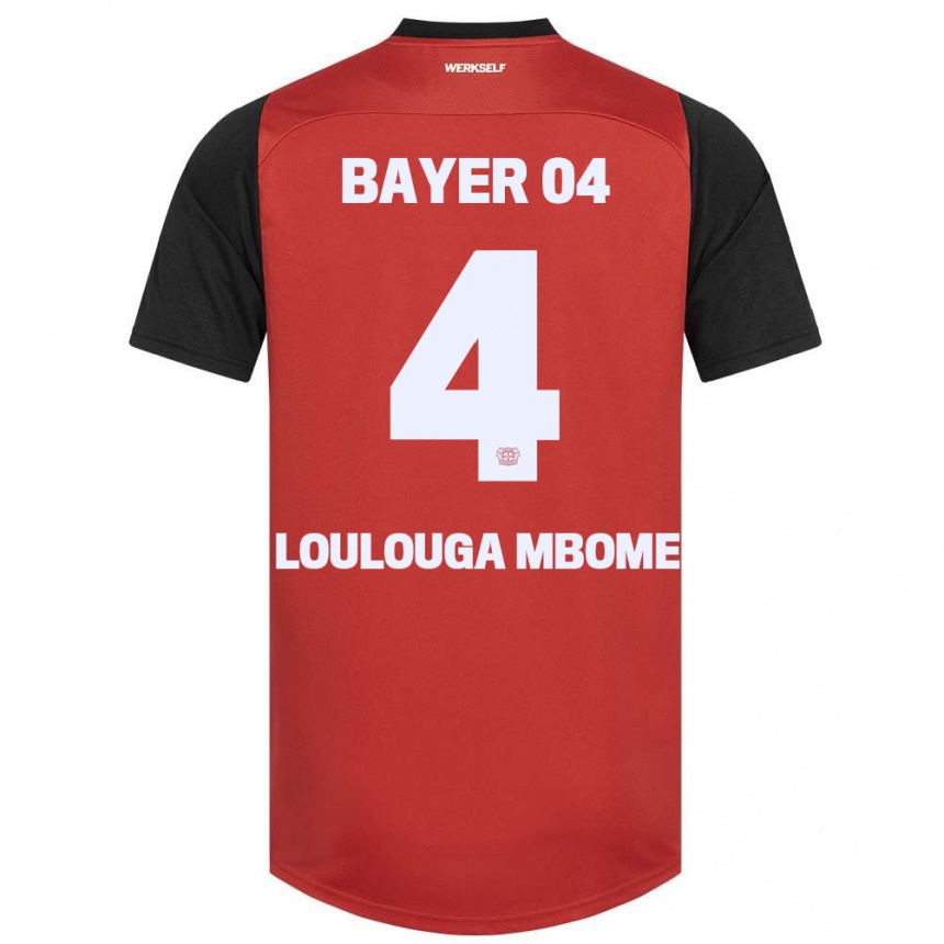 キッズフットボールAdrien Loulouga Mbome#4赤黒ホームシャツ2024/25ジャージーユニフォーム