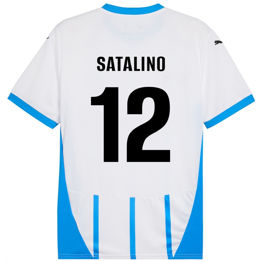 キッズフットボールGiacomo Satalino#12ホワイト ブルーアウェイシャツ2024/25ジャージーユニフォーム