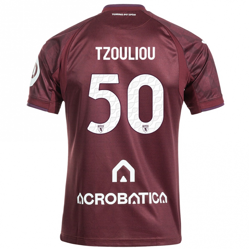 レディースフットボールDimitrianos Tzouliou#50栗色白ホームシャツ2024/25ジャージーユニフォーム