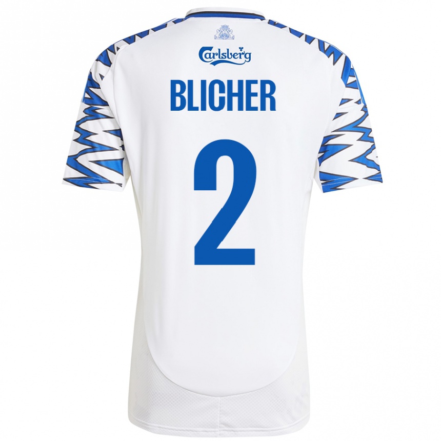 キッズフットボールNicolai Blicher#2白 空 青ホームシャツ2024/25ジャージーユニフォーム