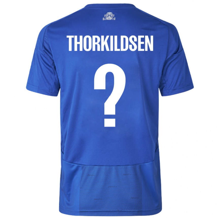 キッズフットボールElias Thorkildsen#0ホワイト ブルーアウェイシャツ2024/25ジャージーユニフォーム