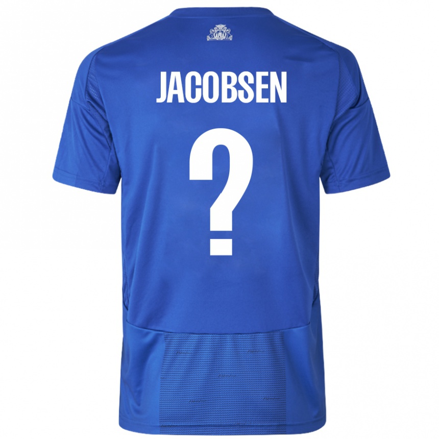 キッズフットボールHolger Jacobsen#0ホワイト ブルーアウェイシャツ2024/25ジャージーユニフォーム