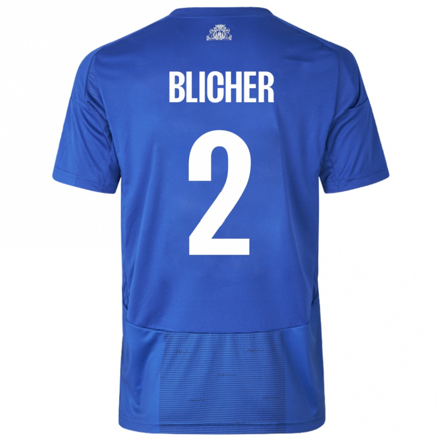 キッズフットボールNicolai Blicher#2ホワイト ブルーアウェイシャツ2024/25ジャージーユニフォーム